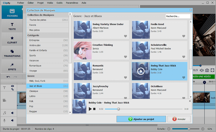 Accompagnez votre vidéo avec une musique de la bibliothèque Clipify