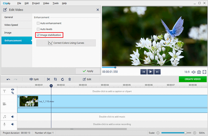 Stabilize your footage with a single checkbox