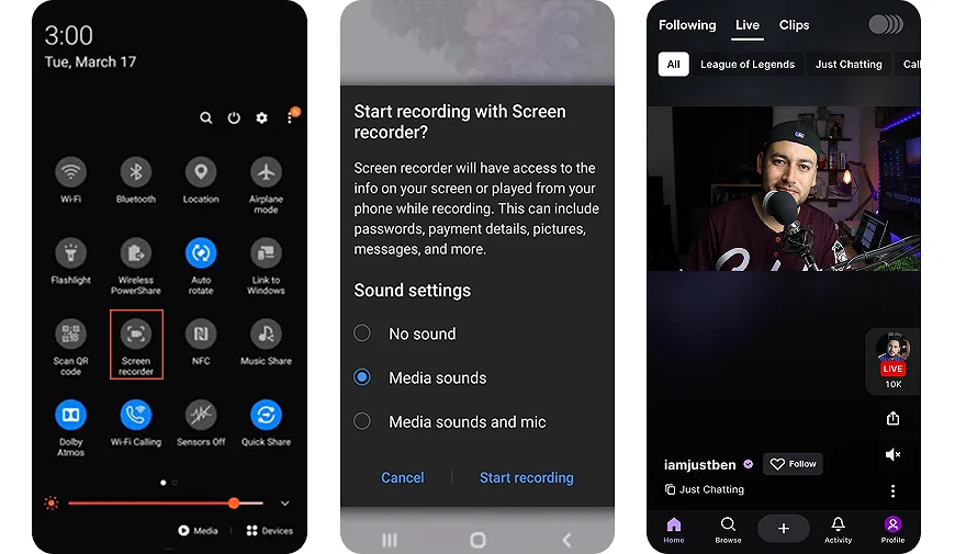 Android built-in feature for Twitch recordings