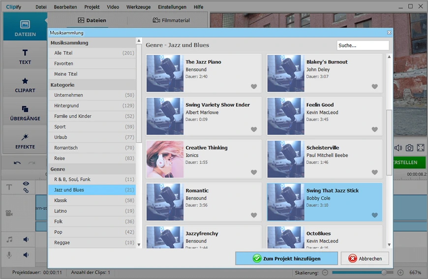 Begleiten Sie Ihr Video mit einem Song aus der Clipify-Bibliothek
